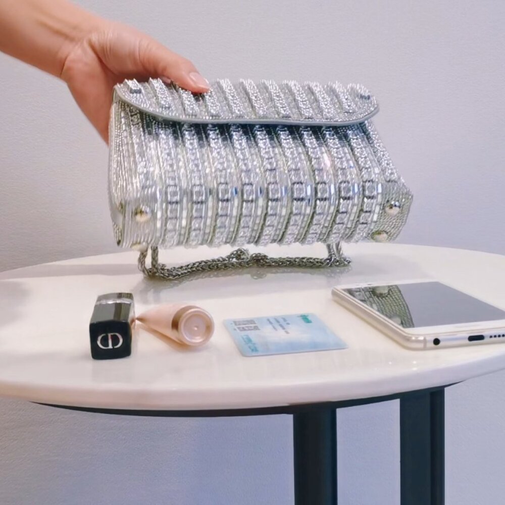 Neiman Marcus Rhinestone Round Block Silver Eveni… - image 4